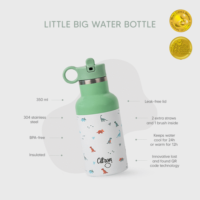 Citron-Little Big Water Bottle - QR-Enabled Lost-Proof 350ml - Green White Dino