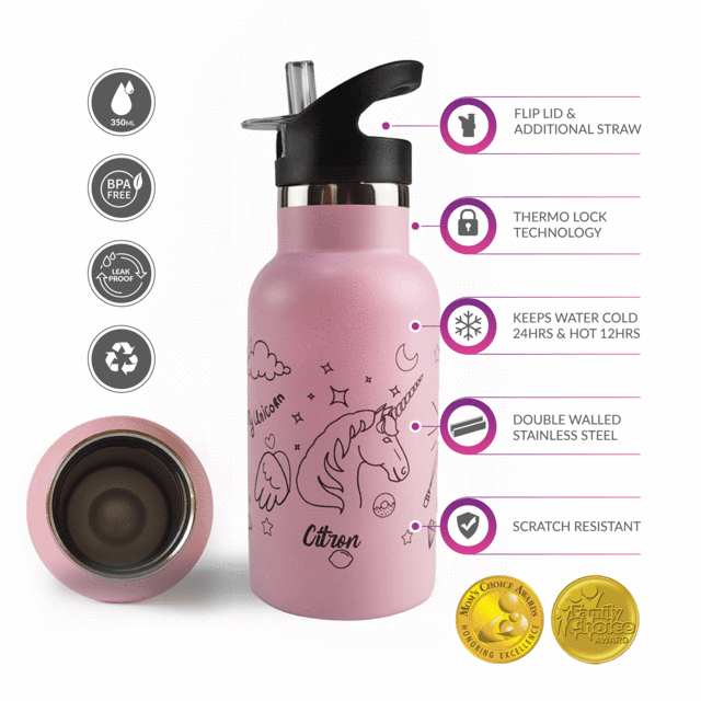 Citron-Little Big Water Bottle - QR-Enabled Lost-Proof 350ml - Pink Unicorn